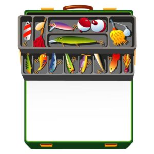 A large fishermans tackle box fully stocked with lures and gear for fishing