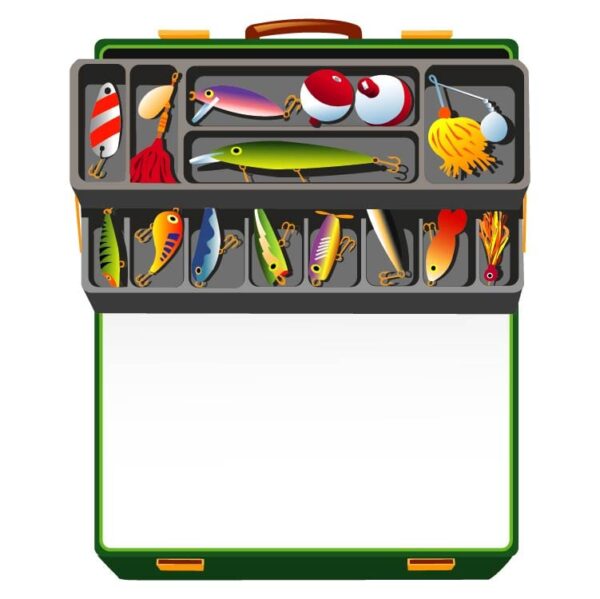 A large fishermans tackle box fully stocked with lures and gear for fishing