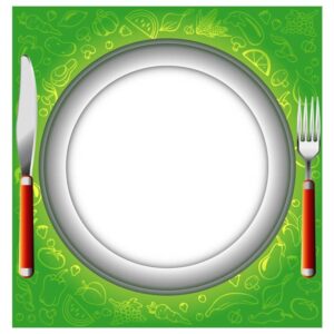 Empty plate, fork and knife on green background