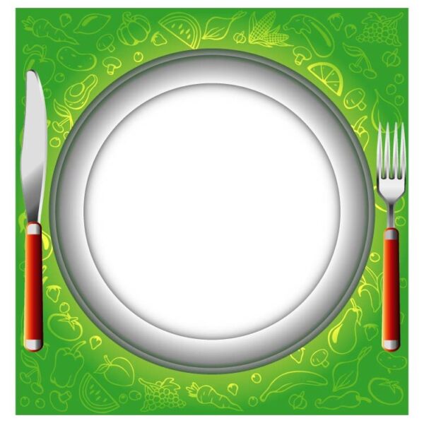 Empty plate, fork and knife on green background