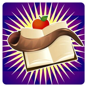 Torah book shofar red apple with fruits on Background rosh hashanah jewish new year holiday