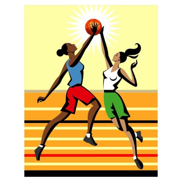 Young female basketball players in uniform passing a basketball