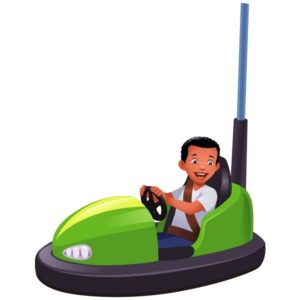 A cartoon boy driving bumper car
