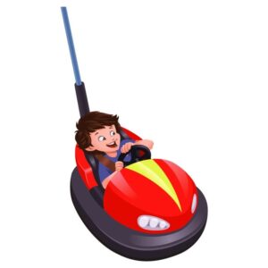 A cartoon cute boy driving bumper car