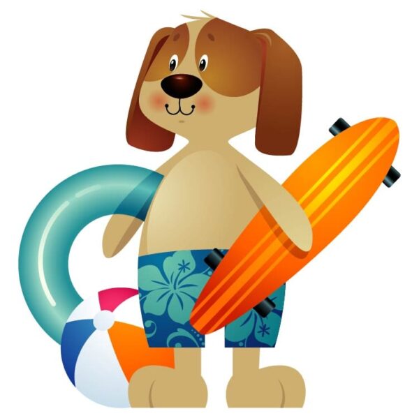 A cartoon dog in a swimming costume with swimming accessories