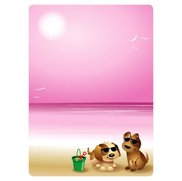 A cartoon dog wearing goggles with sunset background and copy space