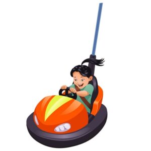 A cartoon girl driving bumper car