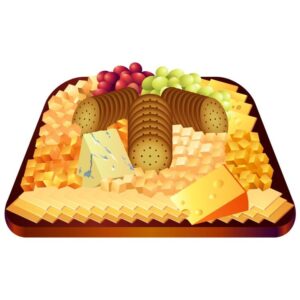 A cheese platter with a selection of cheeses fruit and crackers