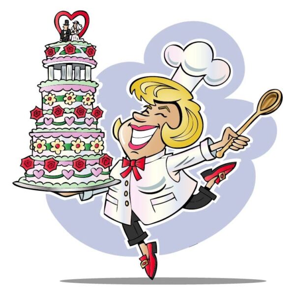 A girl cartoon chef with wedding cake