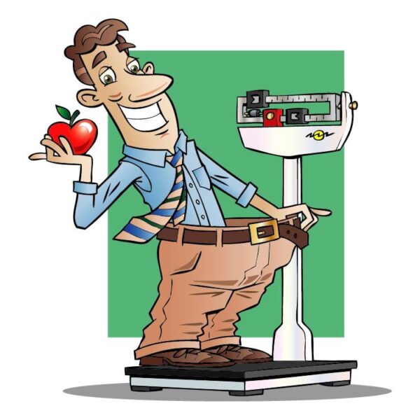 A man on weight measurement machine and keeping the apple in paint for weight increase vector illustration