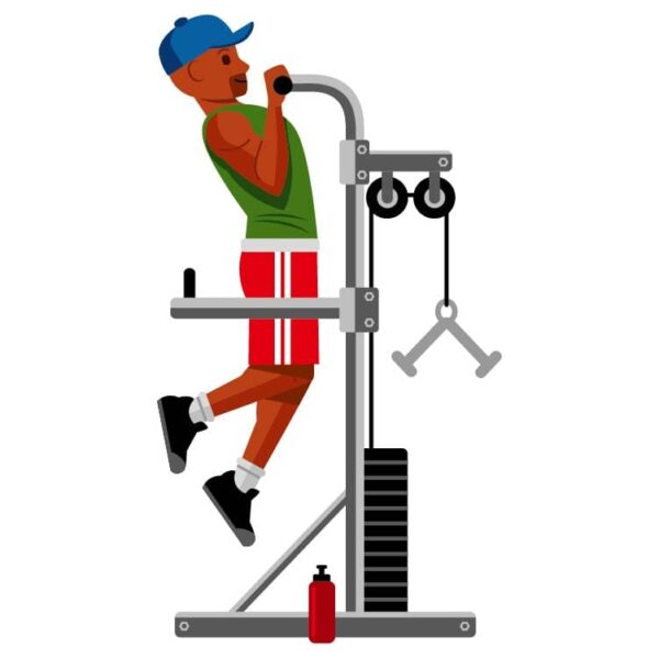 A man side view of dips body press power rack tower training knee raise chin up push pull exercise