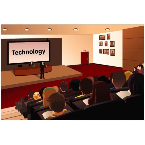 A presentation in a conference in an auditorium for College students and professors