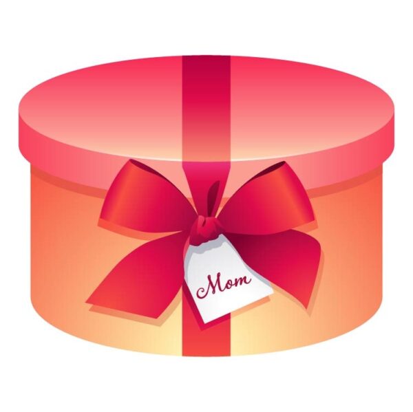 A realistic pink round closed box red ribbon and ribbon with a bow for mothers day gift