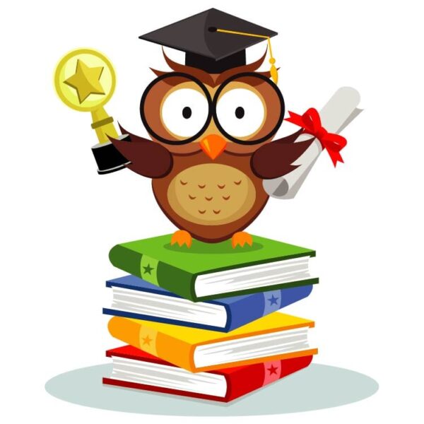 A wise owl wearing a mortar board and holding a trophy certificate standing on a stack of multicolor books