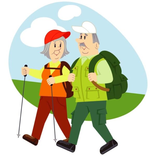 Active senior couple traveling together hiking enjoying nature having good time on their retirement
