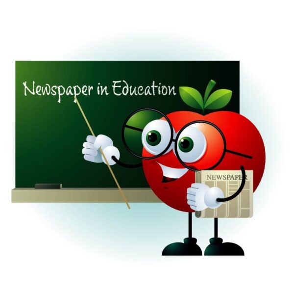 Apple shape cartoon character teaching newspaper in education