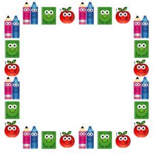 Back to school template with funny cartoon stationery frame