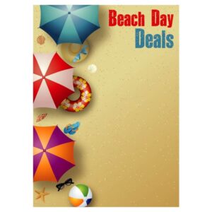 Beach day deals with yellow sand beach and multicolor striped umbrellas