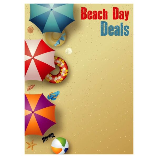 Beach day deals with yellow sand beach and multicolor striped umbrellas