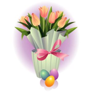 Bouquet of multicolored tulips in pot with easter eggs