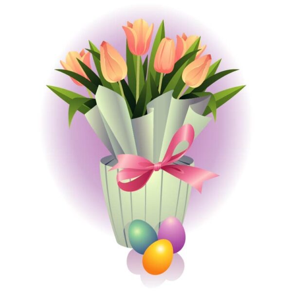 Bouquet of multicolored tulips in pot with easter eggs