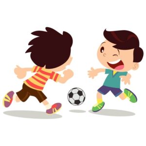 Boys playing soccer ball and football on white background