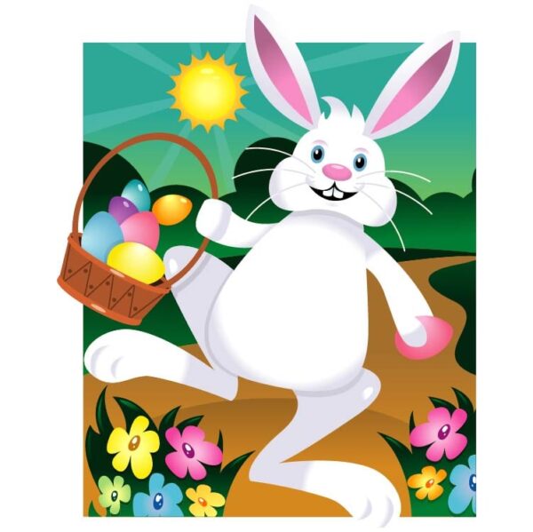 Bunny on trail with easter basket with eggs vector illustration