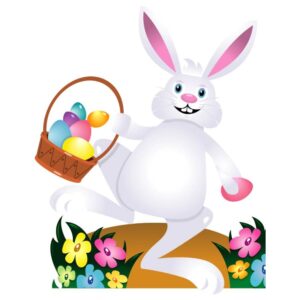 Bunny on trail with easter basket with eggs vector illustration