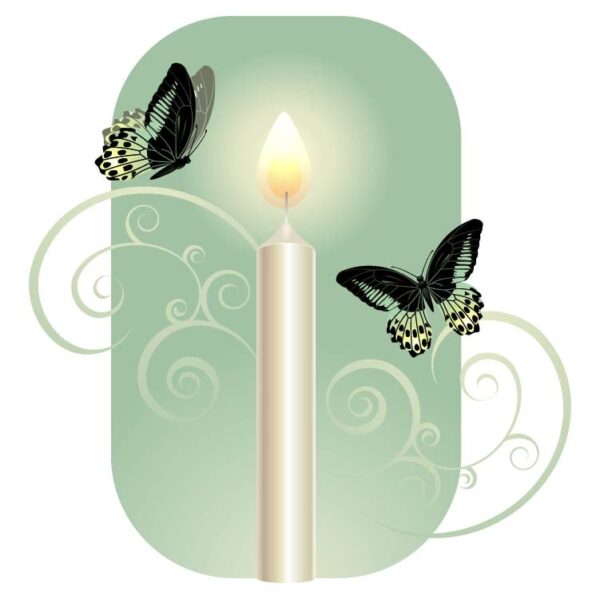 Burning candle and butterfly with green flourish and background
