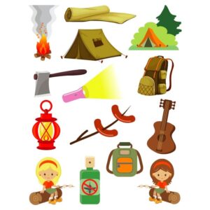 Camping concept a set of equipment for camping with symbols and icons