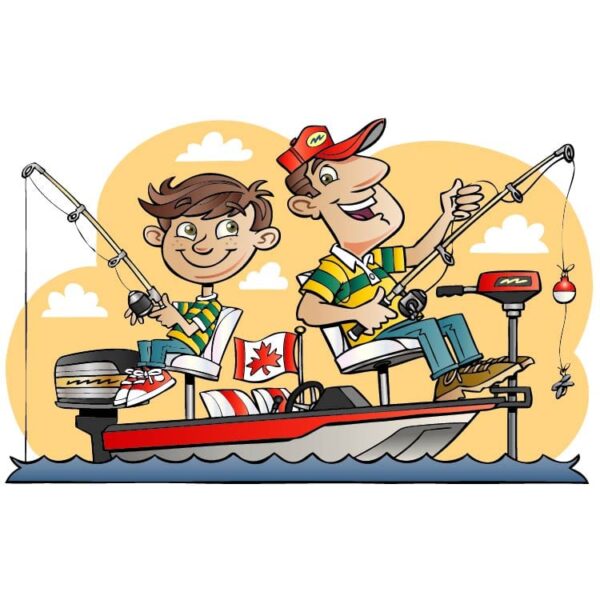 Cartoon canadian dad and son sitting in boat and fishing