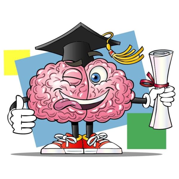 Cartoon character happy brain graduate holding up a diploma