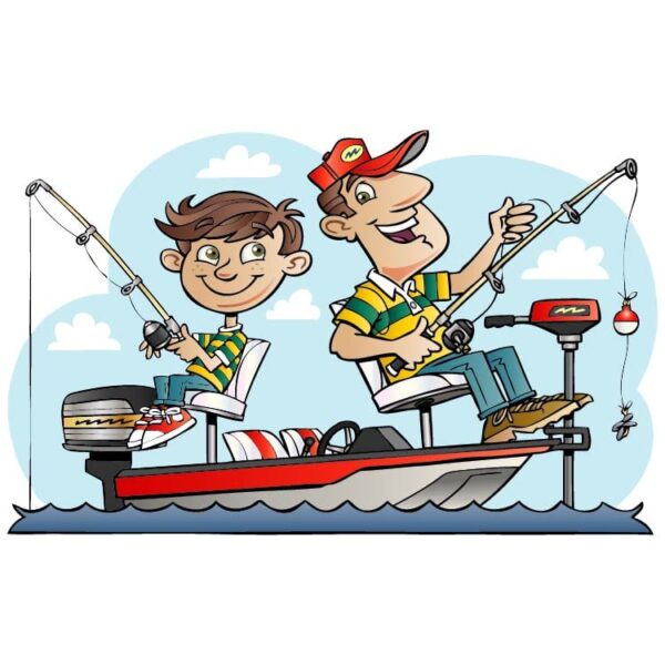 Cartoon dad and son sitting in boat and fishing