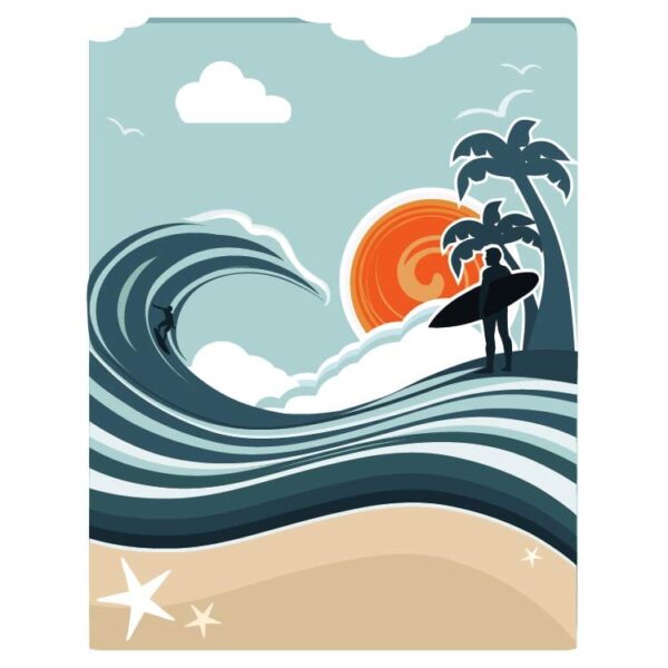 Cartoon depiction of man surfing wave and beach swirl background