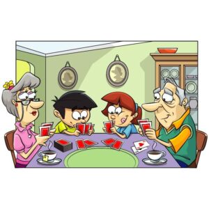 Cartoon family characters with children playing card game