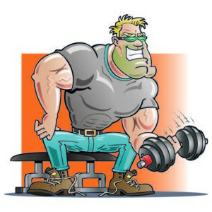 Cartoon illustration of a muscular man holding a dumbbell