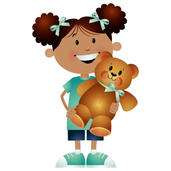 Cartoon little girl playing with teddy bear
