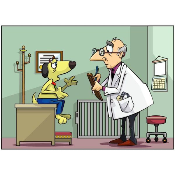 Cartoon pet doctor veterinarian examining dog