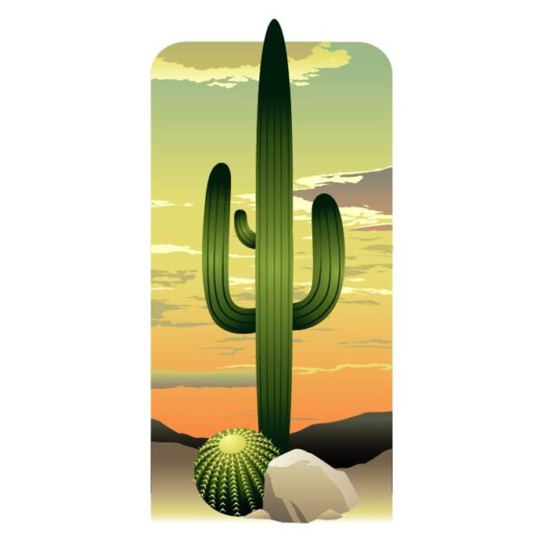 Cartoon picture of desert with cactus aloe and stone