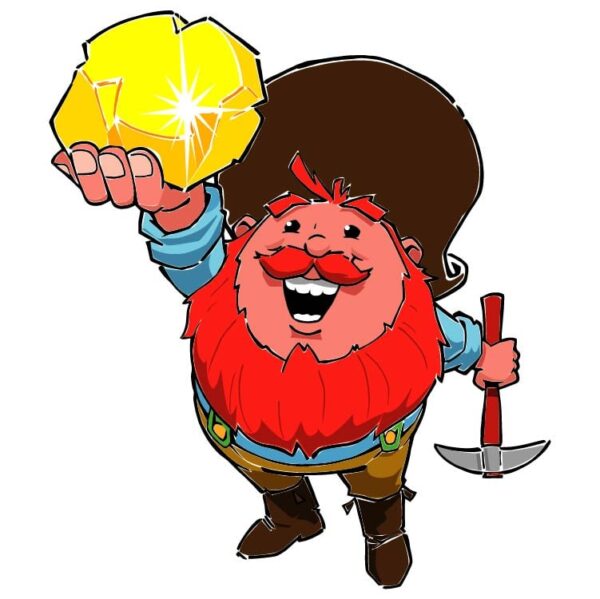 Cartoon prospector with gold nugget and pickaxe