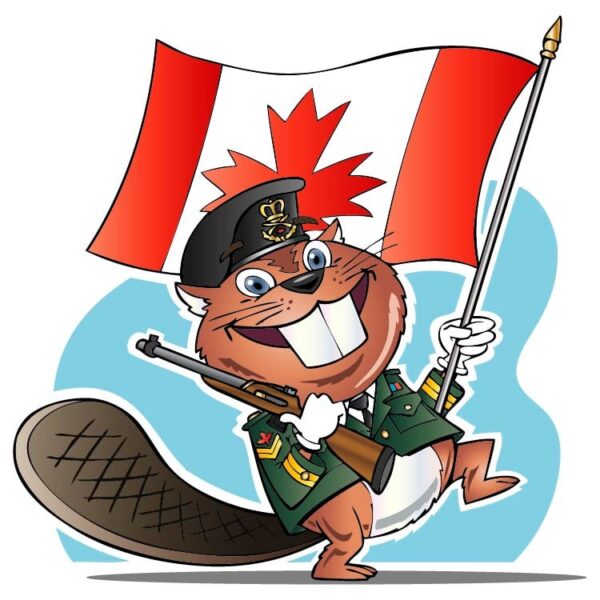 Cartoon rabbit character in police dress and in one hand gun another hand canada flag