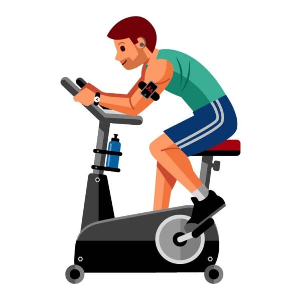 Caucasian boy riding stationary bicycle in the gym and Sporty boy exercising on training cycle