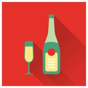 Champagne glass and bottle icon in comic style