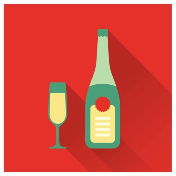 Champagne glass and bottle icon in comic style