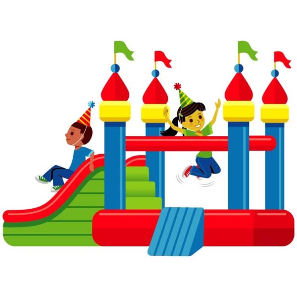 Children play in the bouncy castle with fun