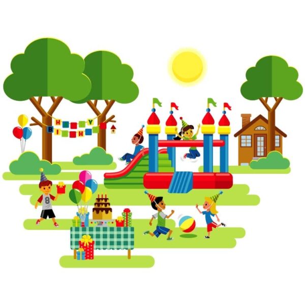 Children playing in the playground with happy birthday background theme