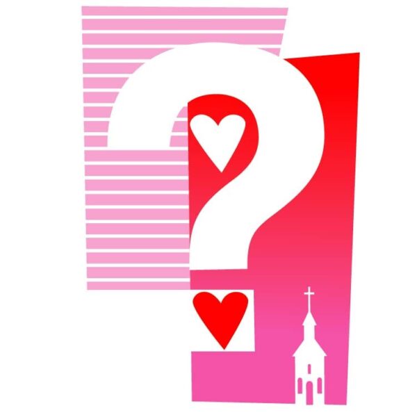 Church front of question mark on pink background