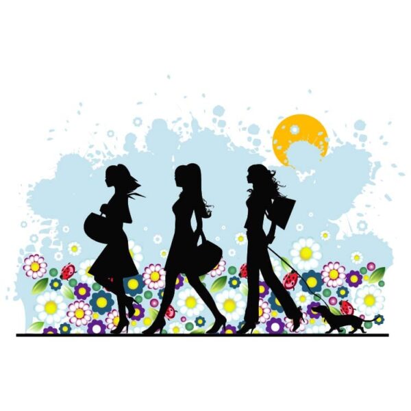 Colorful flowers shopping theme and silhouette of woman with puppy