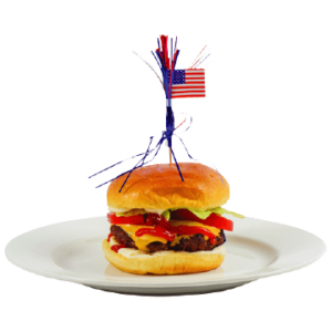 Concept of tasty delicious burger with usa flag on tray