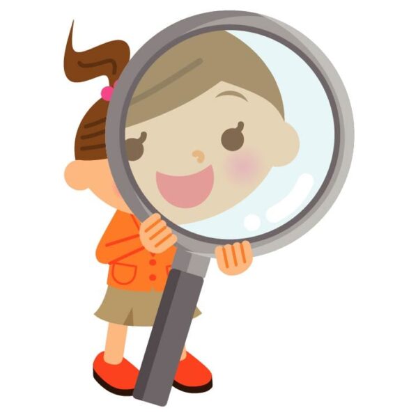 Curious kid girl look in magnifying glass